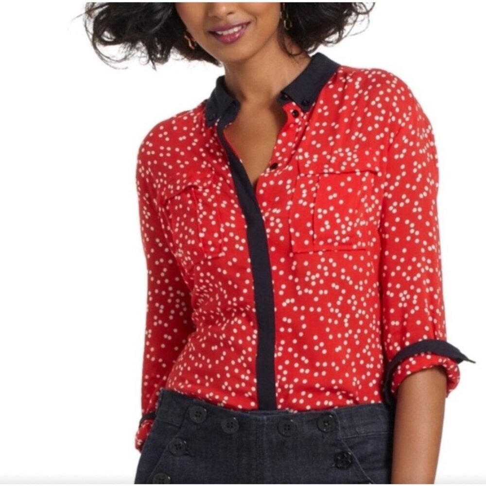 Anthropologie sz 12 Maeve Red Black White Polka Dot Button Down Blouse Top